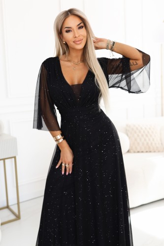 654-5 Długa połyskująca sukienka plus size z dekoltem i transparentnym rękawkiem - czarna UNI