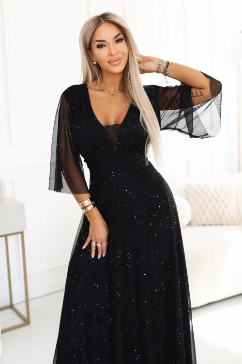 654-5 Długa połyskująca sukienka plus size z dekoltem i transparentnym rękawkiem - czarna UNI