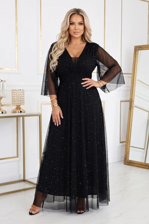 654-5 Długa połyskująca sukienka plus size z dekoltem i transparentnym rękawkiem - czarna UNI